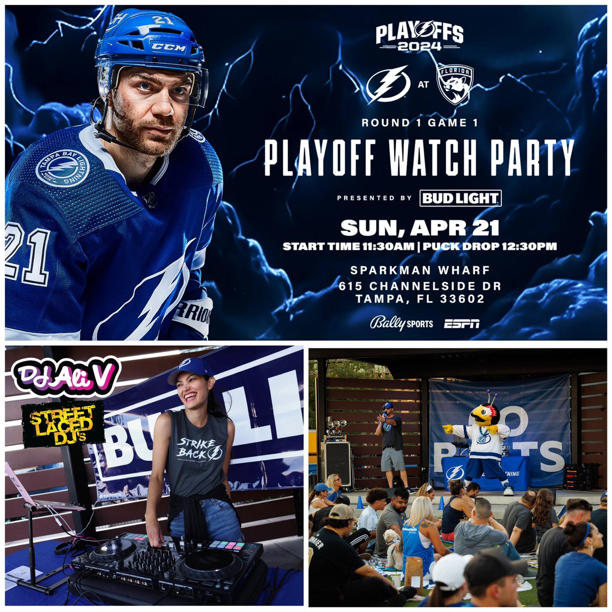 It’s GO TIME, BoltsNation⚡️
Can’t wait to rock the OFFICIAL @TBLightning @StanleyCup Playoffs Game☝🏽Round☝🏽Watch Party TOMM at @sparkmanwharf, powered by @budlight! @StreetLacedDJs own DJ Ali V on vibes, @ThunderBugTBL, #BoltsBlueCrew, @TBLRollingTHNDR, @boltsalumni & U! #GoBolts