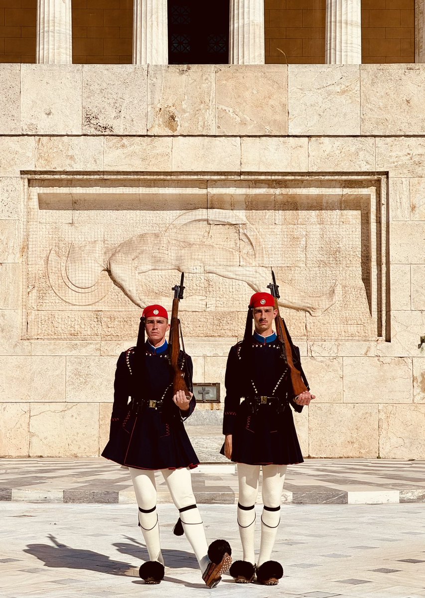 The Evzones are still in their winter uniform despite the warm sunny weather in #Athens.