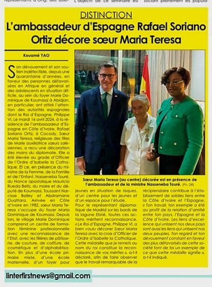 EmbEspRCI's tweet image. Sœur María Teresa élevée au grade d'Officier de l'Ordre d'Isabelle la Catholique en considération à son dévouement et soutien en faveur des enfants défavorisés en Côte d'Ivoire. Sur #Linter 📰⬇️