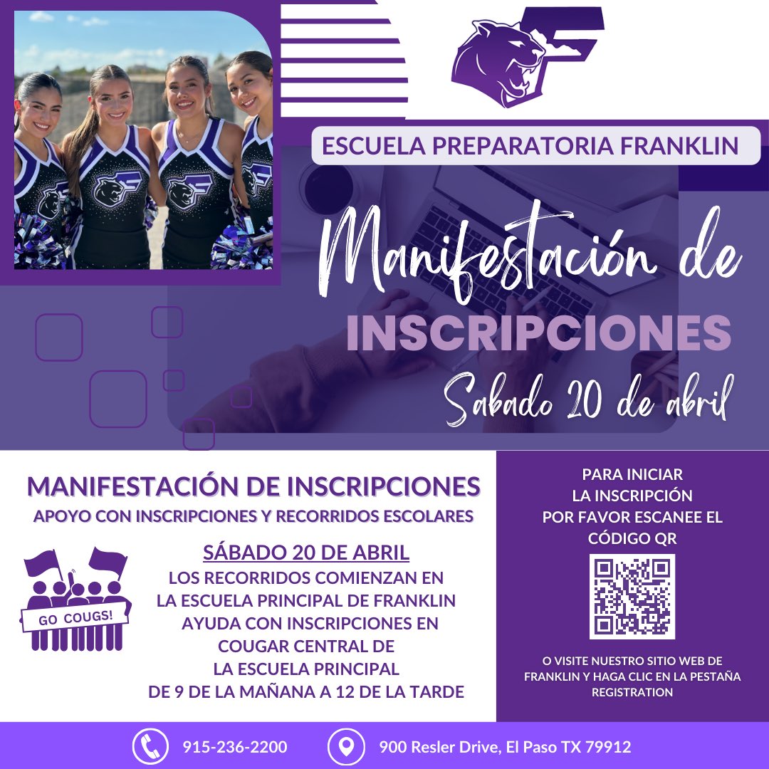 ¿Necesita ayuda con inscripciones? ¿Te gustaría recorrer nuestra escuela? Por favor pase por nuestra oficina principal. Estaremos disponibles hoy desde las 9 de la mañana hasta el mediodía. #CougarPowerhouse