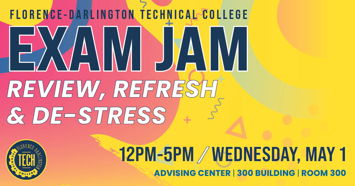 Don't Worry! Be Happy! Exam Jam is Coming! 

Our good friends in the Advising Center 😇 will be providing food, drinks, exam resources, and study aids to help Review, Refresh and De-Stress 🌈 

#fdtech #peedee #examweek #studyguide