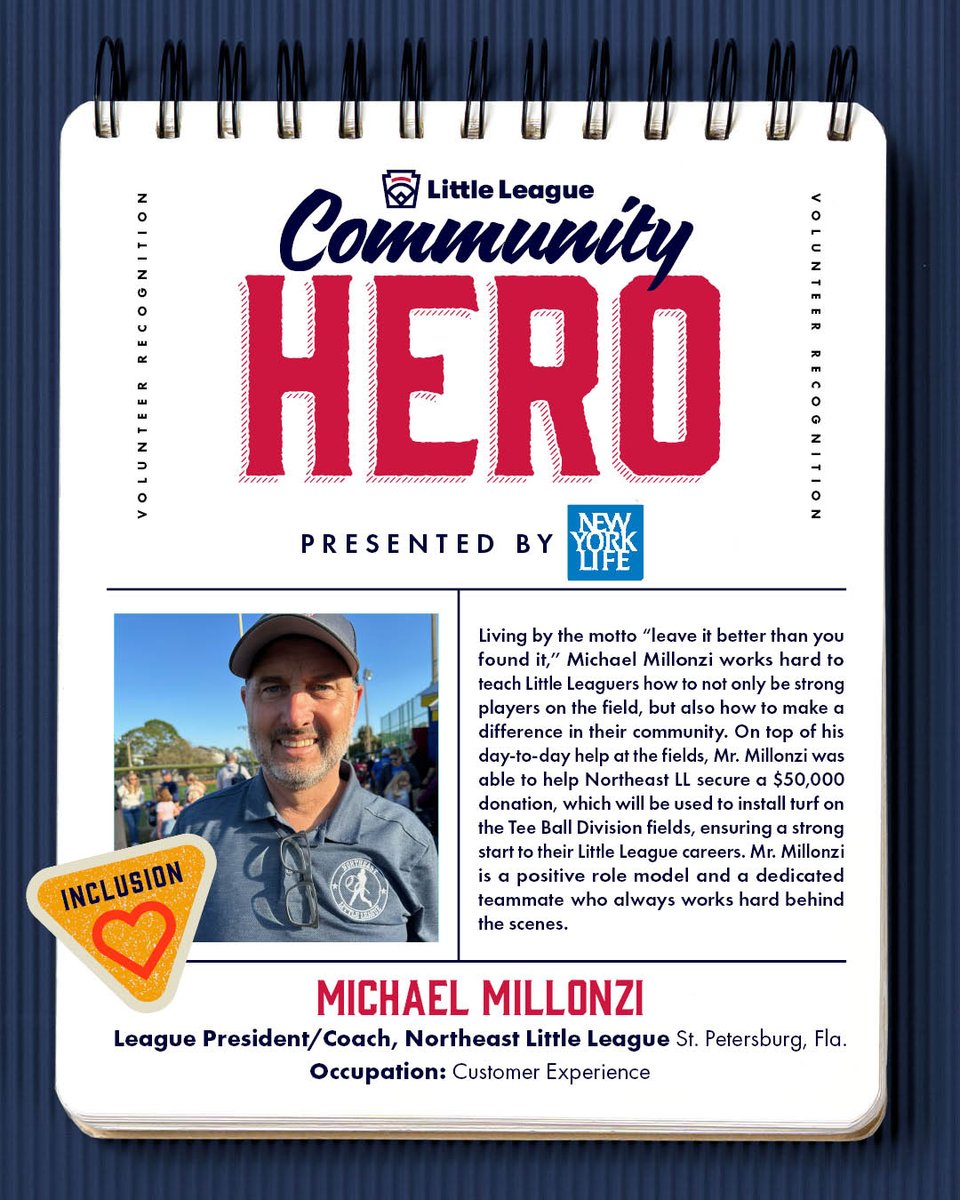 Thank you, Michael, for being a positive role model to the Little Leaguers of Northeast LL and for your efforts in securing a safe place for the league's Tee Ball division to play! #LLCommunityHero