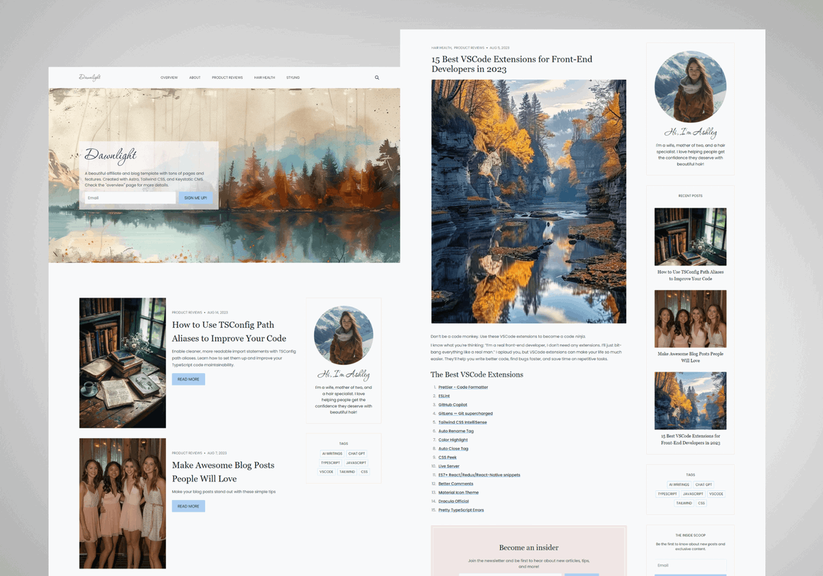 BowTiedWebReapr's tweet photo. New theme release - Dawnlight

A beautiful affiliate and blog template. Super easy to use with swappable components / sections, and Keystatic CMS for easy editing

Plus:
- Categories and tags
- Animations
- SEO
- and a bunch more

Check it out below 👇 https://t.co/Nr6huydlFe