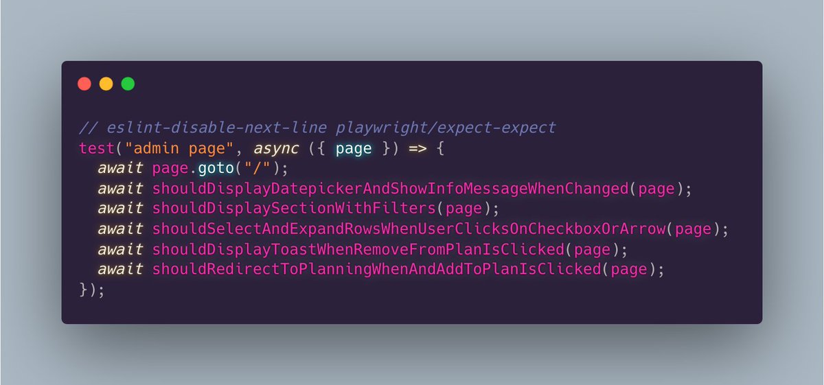 Pattern: Break a big test into separate functions. Benefits: ✅ Breaks a long test down into well-named pieces. ✅ The page under test can be loaded only once and tested in many ways. This can help speed up the test suite if the page is slow to load. Downsides: 🚩 Monolithic.…