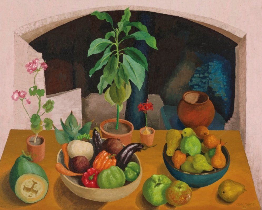 'Plants and Garden Produce in an Old Kitchen.' As a renowned horticulturist in his own right, it is impossible to separate Cedric Morris’ preoccupation with nature from still lifes. Painted in 1958, the old kitchen in the title is at Benton End in Hadleigh, Suffolk the 16thC