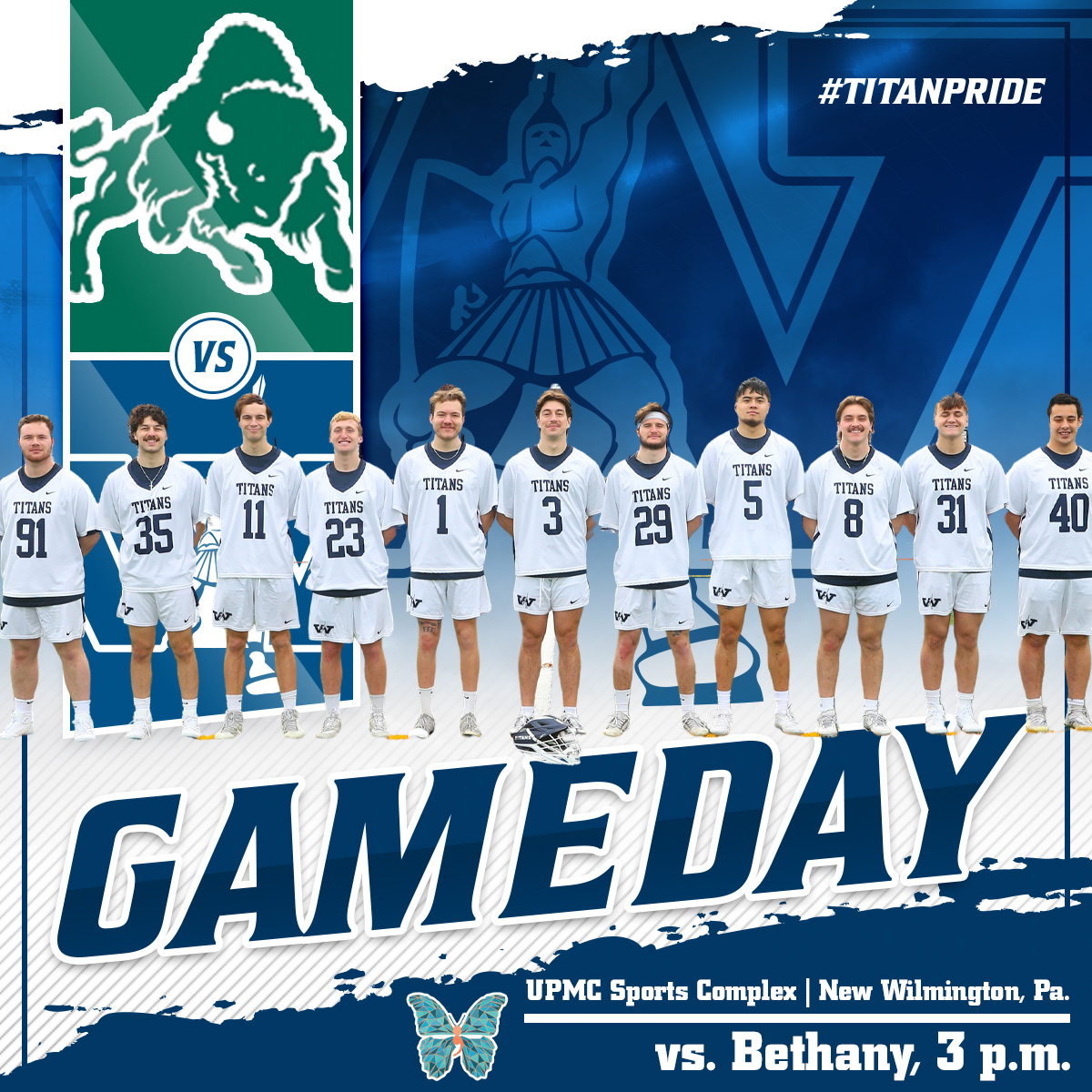 Men's lacrosse celebrates senior day while hosting Bethany at the UPMC Sports Complex. Good luck Titans!

🆚Bethany
🕒3 p.m.
📍New Wilmington, Pa.
📺pacdigitalnetwork.com/westminster/?B…

#d3mlax #pacmlax #titanpride⚔️