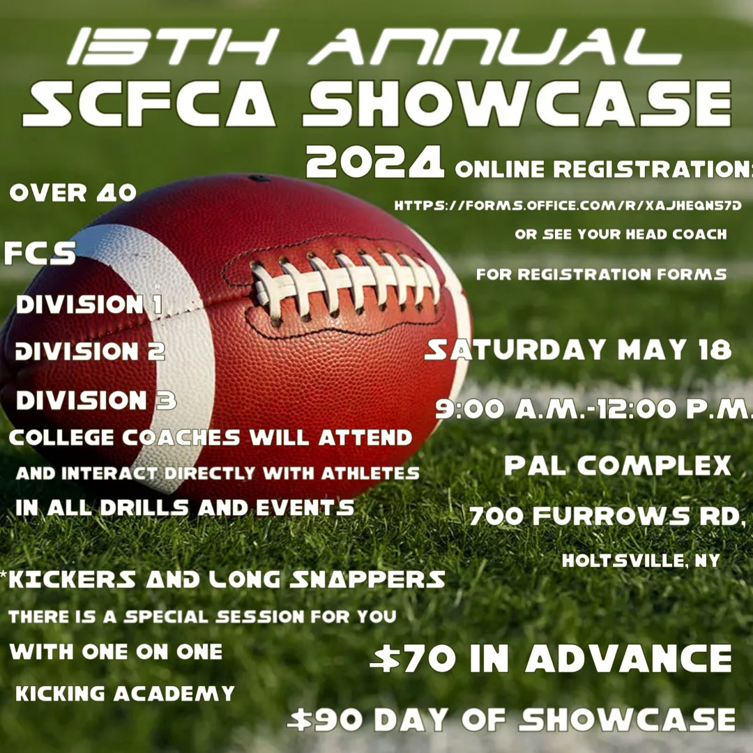 ONLY 27 Days Away ! Register Now Online Registration Link Below. The SCFCA showcase is the only showcase where over 40 college coaches from FCS Div 1, 2, 3 interact directly with the athletes in drills and events . Register here: forms.office.com/r/xaJheQN57D