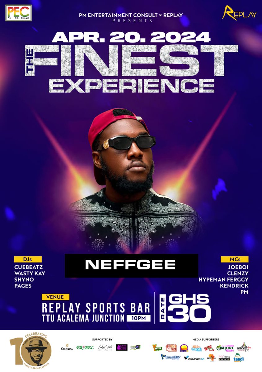 PmDePresenter's tweet photo. It's gonna be a good night. Done with #AwalkWithPM coming Up Next is #TheFinestExperience inside Replay Sport Bar w/ @KofiJamar x @ayesemmusic Γ @NeroXGh and @neffgeegh π₯π₯
#10yearsInBroadcasting #MadebyGod #UpnessStill #Blaklaaa π₯π₯π₯π₯π₯π₯ https://t.co/eQid5KNUb2