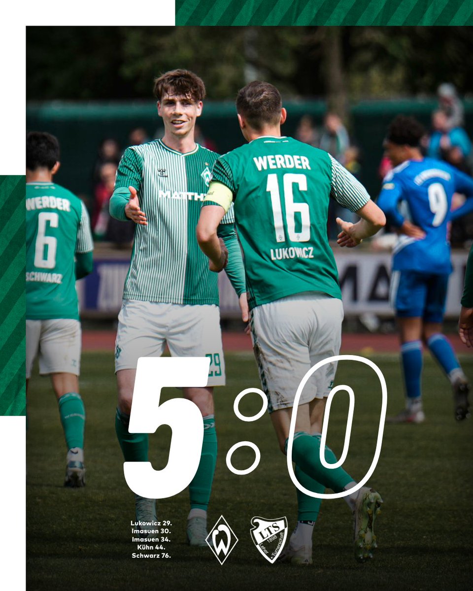 werderbremen's tweet photo. Mit 5️⃣ Toren zur Meisterschaft 🏆
Die #WerderU23 besiegt den Leher TS mit 5:0. Tore von Maik #Lukowicz, Joel #Imasuen, Philipp #Kühn und Ricardo #Schwarz sorgen für einen ungefährdeten Erfolg. Damit können sich die Grün-Weißen Meister der Bremen-Liga nennen. 💪
#Werder https://t.co/GgqNZD6us7
