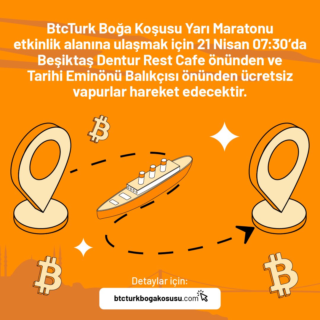 BtcTurk Boğa Koşusu Yarı Maratonu 21 Nisan Pazar günü saat 09:00'da Üsküdar Meydanı Etkinlik Alanı’nda başlayacak! Başlama saatinden en az 30 dakika önce alanda olmayı unutma. Etkinlik alanına ulaşmak için 21 Nisan’da 07:30’da Beşiktaş Dentur Rest Cafe önünden ve Tarihi Eminönü…