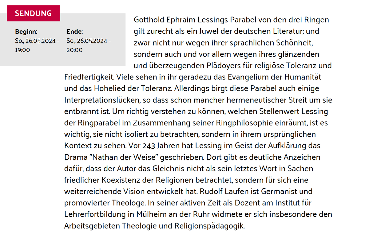 LessingWorkshop's tweet photo. Heute von 19 bis 20 Uhr im @domradio: Rudolf Laufens Vortrag "#Lessing|s #Ringparabel – nur eine Interimslösung?"
https://t.co/ET6k4oDnxL https://t.co/40L5M9mxB4