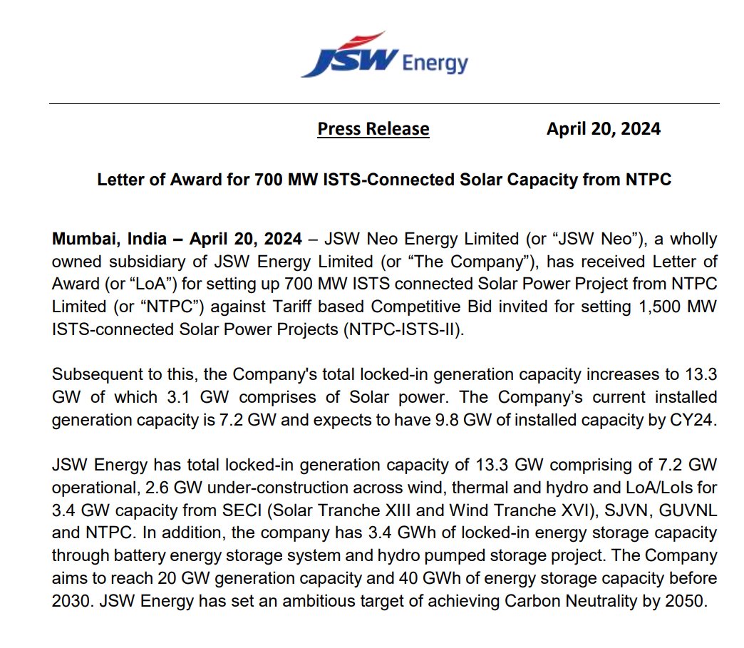 JSW Energy: Letter of Award for 700 MW ISTS-Connected Solar Capacity from NTPC.