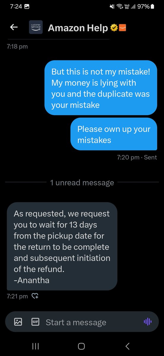 _theflashrunner's tweet photo. @amazonIN @AmazonHelp is a joke! They ask me to wait for another 13 days to even confirm if I will get the money! What mistake did I do apart from choosing to order from amazon! They just respond based on standard call centre scripts! They have 0 empathy towards customers https://t.co/0ClkH3FJUl
