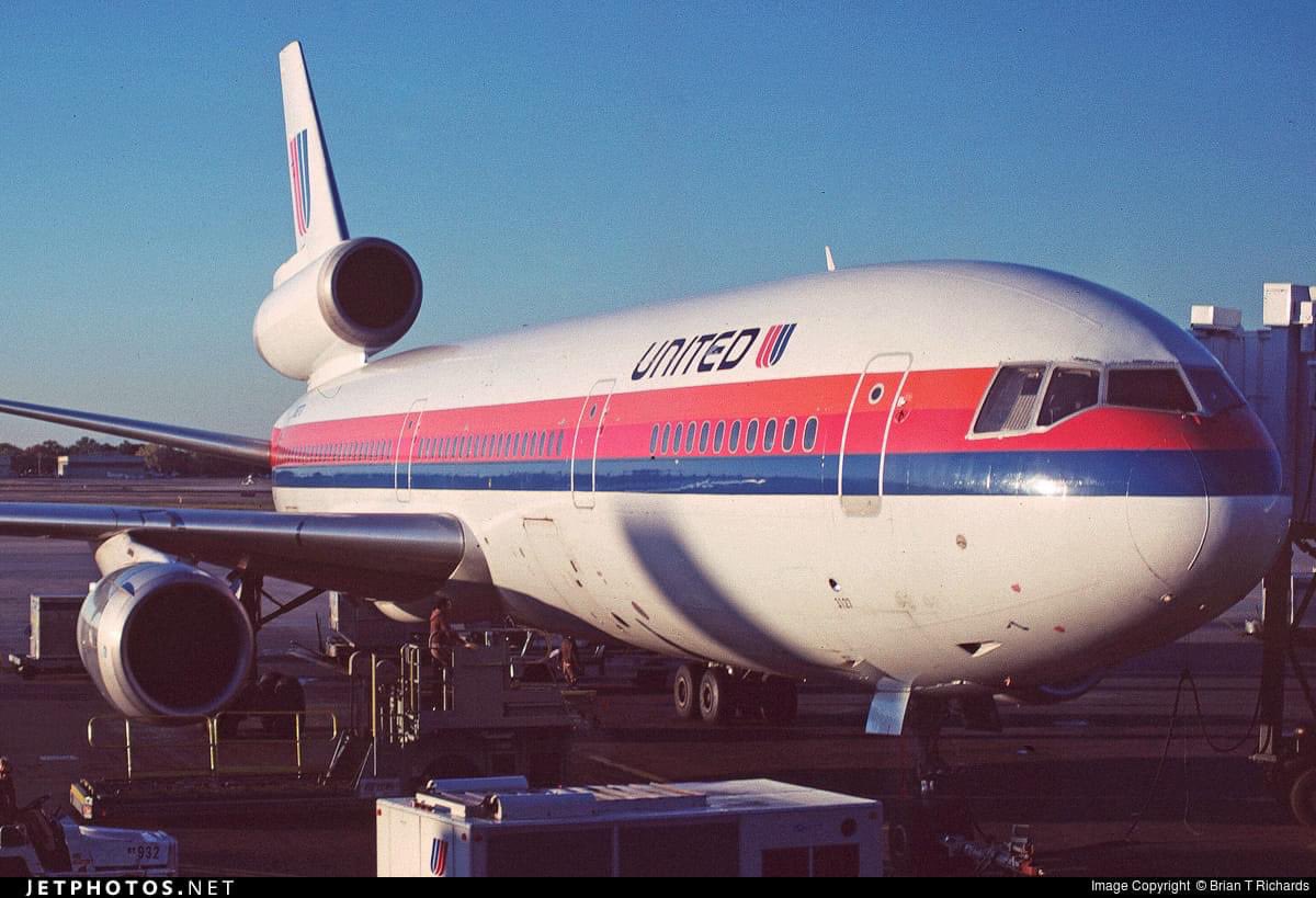 United Air Lines Douglas DC-10-10 N1827U Line #198 DEN/KDEN Denver Stapleton International Airport (closed) October 21, 1988 Photo credit Brian T. Richards #AvGeek #Aviation #Airline #AvGeeks #Douglas #DC10 #UAL #UnitedAirLines #DEN #Denver #SaveTheTulip @united @FlyinSPS