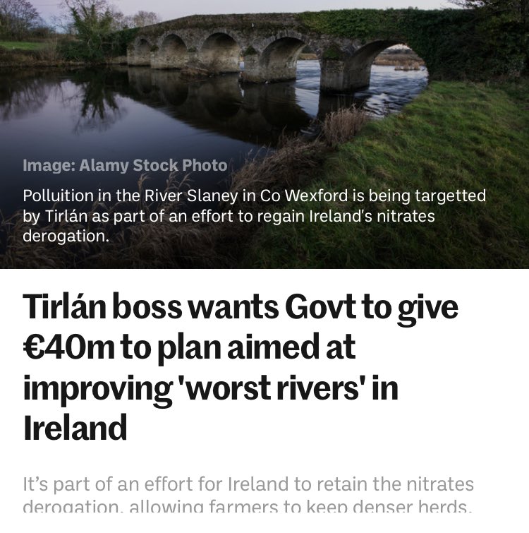 Glanbia want the government to invest €40m to clean up rivers that they polluted. So that they can have denser herds and make more profits. Tax payer money invested in helping a business who last year made a profit of €200m and holds €3.8b in assets. This country is fucked.