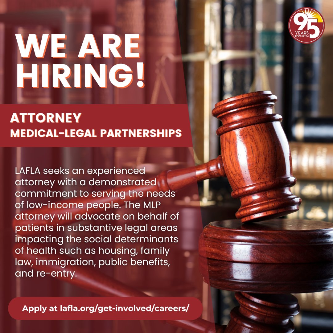 @LegalAidLA is #Hiring for an Attorney to join our nationally recognized Medical-Legal Partnerships! Join LAFLA and engage in impact litigation and public policy issues that affect patients and their families! Apply: lafla.org/get-involved/c…