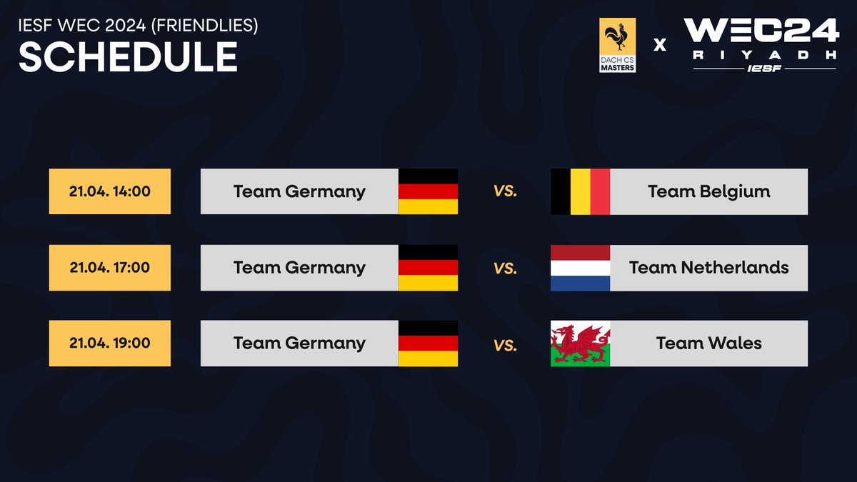 Morgen ist zwar keine Länderspielpause bei den #DACHCSMasters, dennoch spielt die deutsche Nationalmannschaft 👀 Die Matches gegen Belgien, Niederlande und Wales könnt ihr morgen auf twitch.tv/dach_cs sehen 🤩
