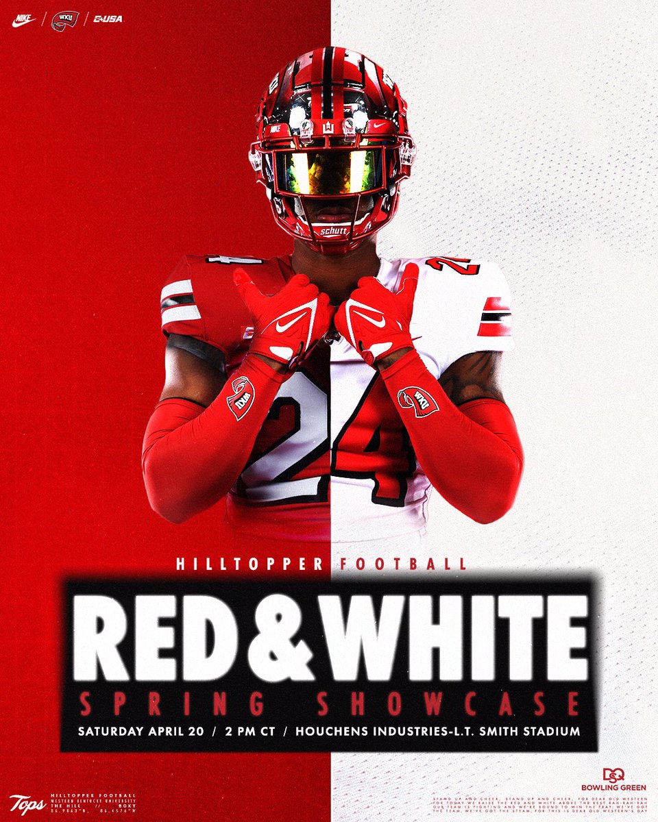 𝐆𝐀𝐌𝐄𝐃𝐀𝐘 🗣️ 🏈 Red & White Spring Showcase 📍 Bowling Green, Ky. ⌚️ 2 PM CT 🏟️ The Houch 🎟️ Free admission #GoTops