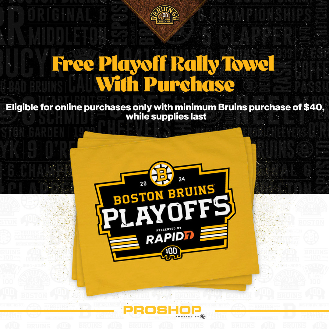 While supplies last 👀 Shop online and receive a FREE Bruins 2024 Playoff rally towel when you spend $40 or more on Bruins gear! Online only → bit.ly/3JqAhx2
