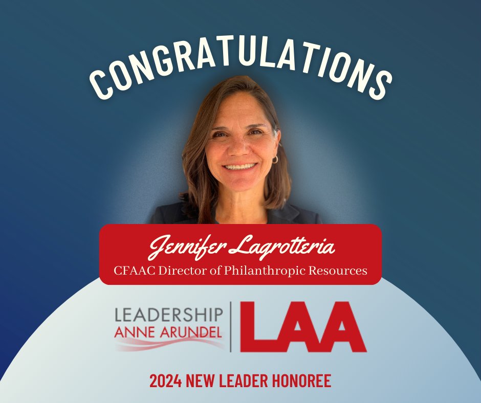 Join us in applauding our Director of Philanthropic Resources, Jennifer Lagrotteria! She's honored as one of @LeadershipAACo (LAA) 2024 New Leaders. This recognition celebrates her impactful leadership in serving #AnneArundelCo. bit.ly/43SQYKE