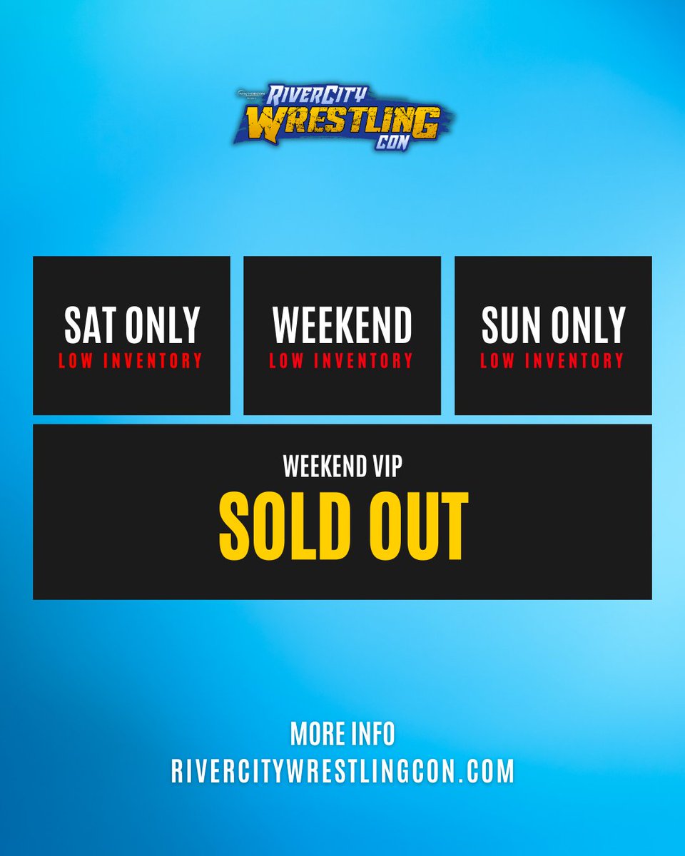 🚨 General admission tickets are limited! 

To adhere to capacity restrictions, any ticket levels that sell out won't be available for walk-up purchases. Secure yours now before they vanish for good! 

Visit rivercitywrestlingcon.com/tickets to grab yours. 🎟️  

#RCWC #FOMO