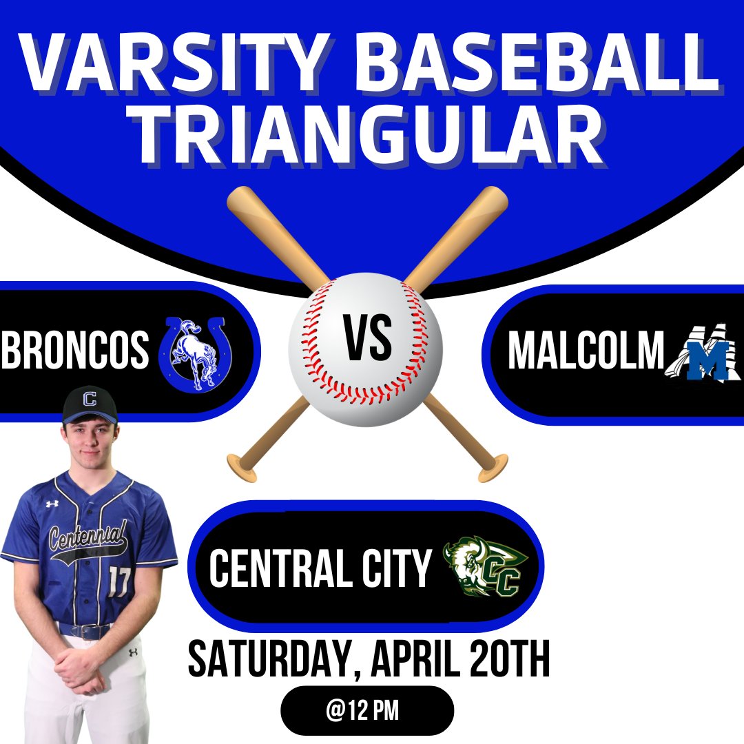cpsbroncos's tweet photo. The varsity boys' baseball team is playing in a triangular today in Central City! Come and cheer them on! #BroncoPower #GiddyUp
📍Central City
🕛️12:00 PM
🆚Central City & Malcolm https://t.co/D7CAdn2pio