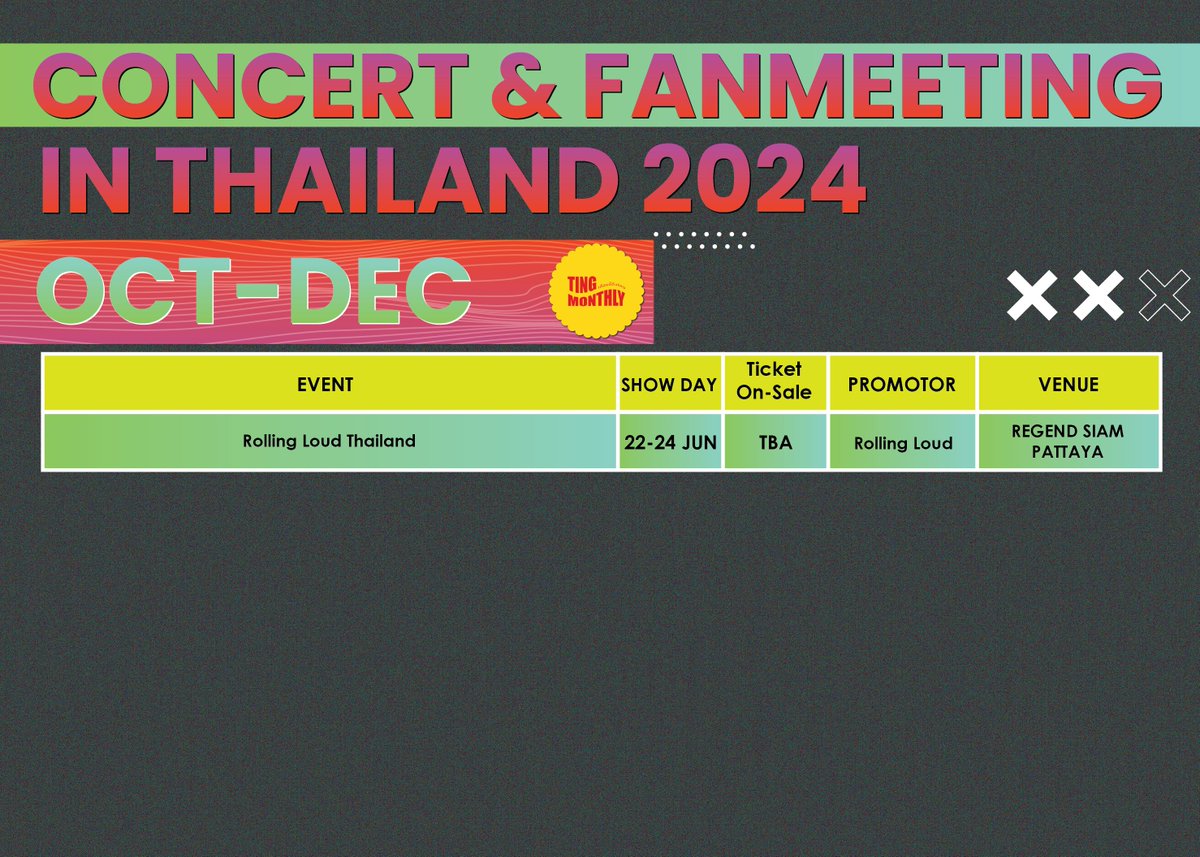 tingmonthly's tweet photo. 🆙UPDATE: 20 APR 2024         
KR- CH-JP FAN MEETING, CONCERT, EVENTS IN THAILAND 2024            

*จะเพิ่มรายละเอียดของงานที่ประกาศหลังจากโพสนี้ในครั้งต่อไป             

#TREASURE_REBOOT_IN_BANGKOK #2024NAINWOOinBKK #NCTDREAM_THEDREAMSHOW3inBKK #RIIZE_FANCON_in_bkk #cosmosbearmusicfestival #ENCOREAREA52PC #HER_WORLD_TOUR_IN_BKK #POWHOUSE_in_BANGKOK #IkonyxConcert #fanslandmusicfestival #DnE_inBKK #SEEYOUTHEREinBANGKOK