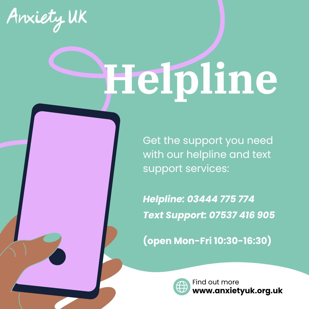 Do you want someone to talk to when feeling anxious? Speak with someone on our helpline or message our text support service: Helpline: 03444 775 774 Text support: 07537 416 905 Find out more here: anxietyuk.org.uk/get-help/helpl… #anxietyhelpline #textsupportservice #anxietyuk