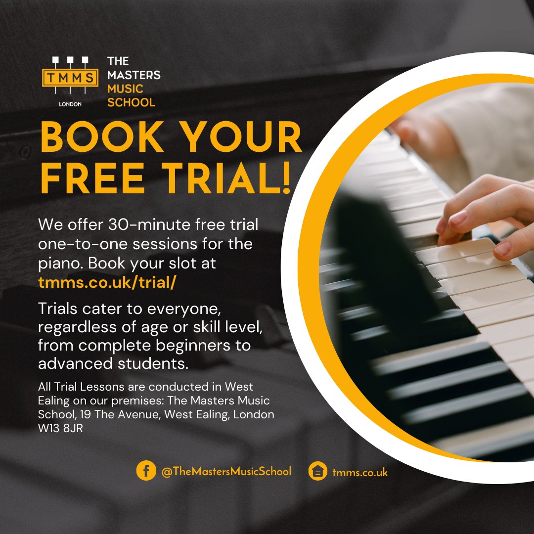 Reserve a 30-minute one-on-one piano trial session, tailored for all ages at The Masters Music School. Book your trial at bit.ly/4aZoEtq #TMMS #TheMastersMusicSchool #tmmslondon #londonmusicschool #ealingmusicschool