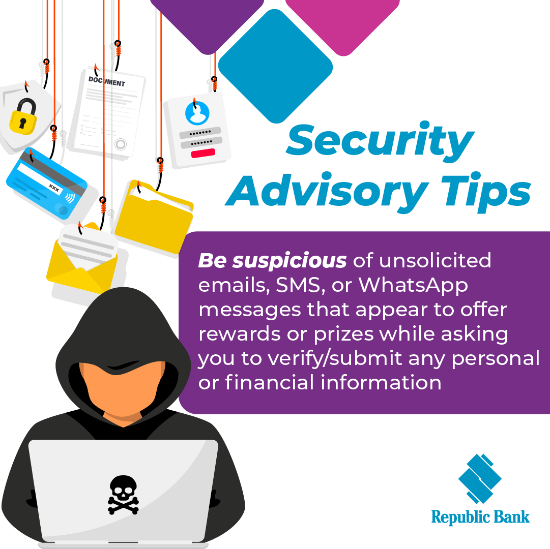 republicbanktt's tweet photo. Those 'too good to be true' reward messages are often just that.
Be sceptical of surprise offers sent via SMS or WhatsApp that require personal or financial information.
A real reward doesn't compromise your security! #SecuritySaturdays https://t.co/3fbupxDLeA
