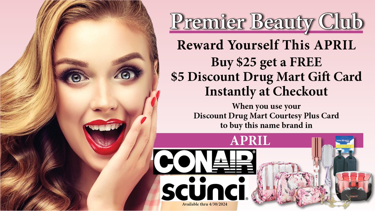 Don't forget - April Premier Beauty Club ends on 4/30/24!😊Stop in & Stock up on all your favorite Conair and scünci products! #DDM #April #PBC