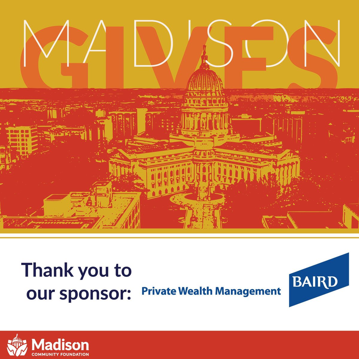 Thank you to Baird for sponsoring our 2024 Madison Gives annual dinner! Our in person celebration of philanthropy and impact has reached capacity, but you can still register to access the event virtually for free on our website: buff.ly/3UqUI1Z