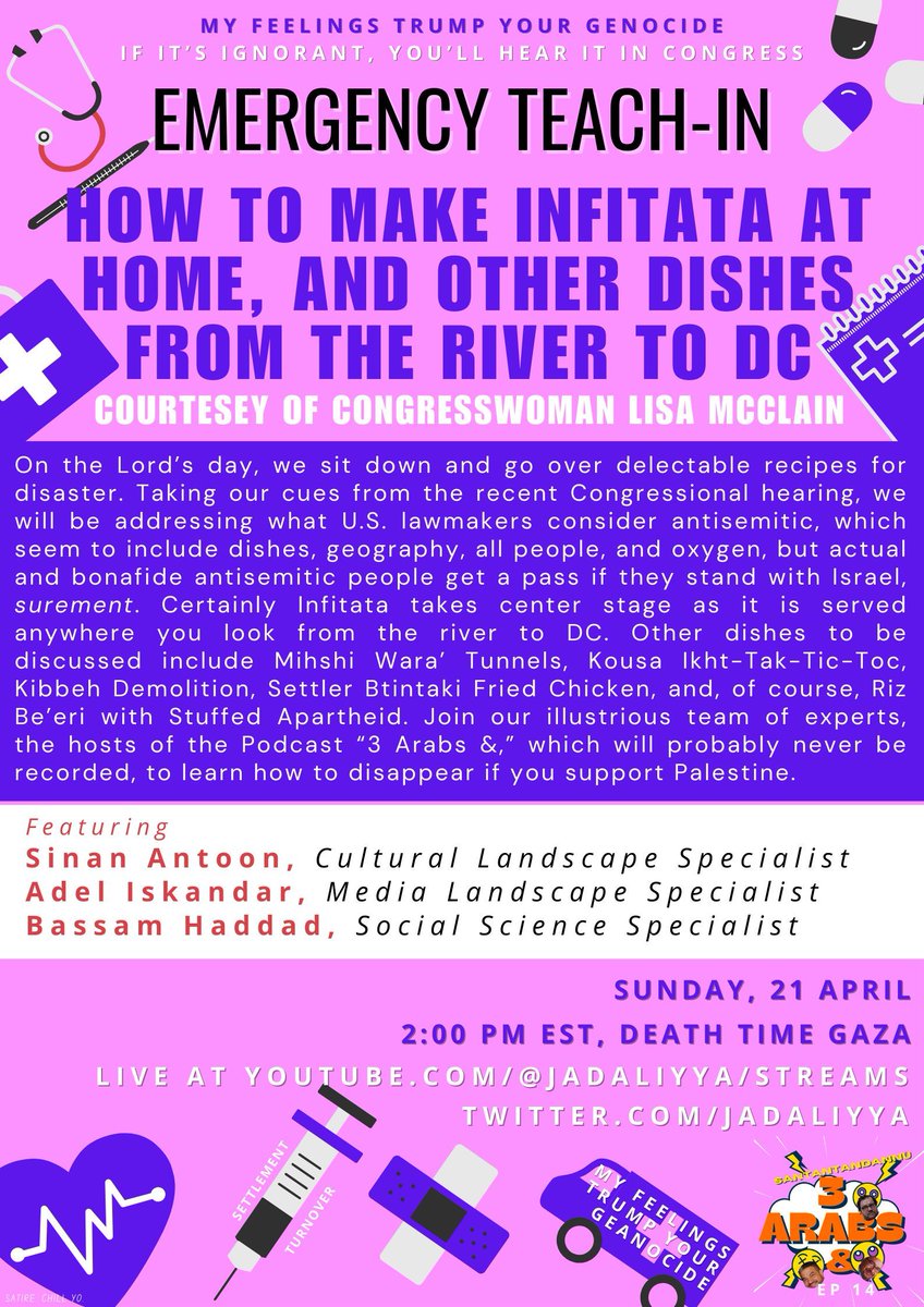. @4bassam @sinanantoon @minotaurlives will address what lawmakers consider antisemitic, which seem to include dishes, geography, all people, and oxygen. 'Emergency Teach-In: How To Make Infitata at Home, and Other Dishes From the River to DC (21 April)' buff.ly/3Q8Ylba