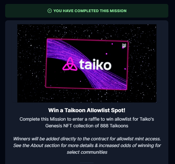 SecretoDefi's tweet photo. ATENCIÓN ‼️

No he publicado mucho sobre la red de Taiko pero ahí hemos estado farmeando la testnet poco a poco...

Hoy os traigo la opción de ganar una Waitlist para mintear su colección Genesis NFT de sólo 888 unidades 🔥

Las tareas son una mezcla de off-chain y on-chain 🤝

Se hace todo desde MetaverseHQ: 

🔗 https://t.co/PLfQrcVHAl

Simplemente debes completar las acciones en X y luego mintear el NFT que representa tu participación

Este NFT tiene un coste de 3$ aprox + gas en la red de Base

Ojo, si alguien tiene pensado mintear más de 1, error ❌

No tendrás más posibilidades, es 1 por wallet

Una vez hayas hecho todo, registra tu wallet en el apartado allowlist y listo ✅

Tendrá que salirte ese mensaje para comprobar que está bien

Daros prisa porque termina en 12 días

Ahora a ver si hay suerte y toca entre los más de 27000 participantes

La probabilidad es de 0.0037% 😅

¡Eso es todo!