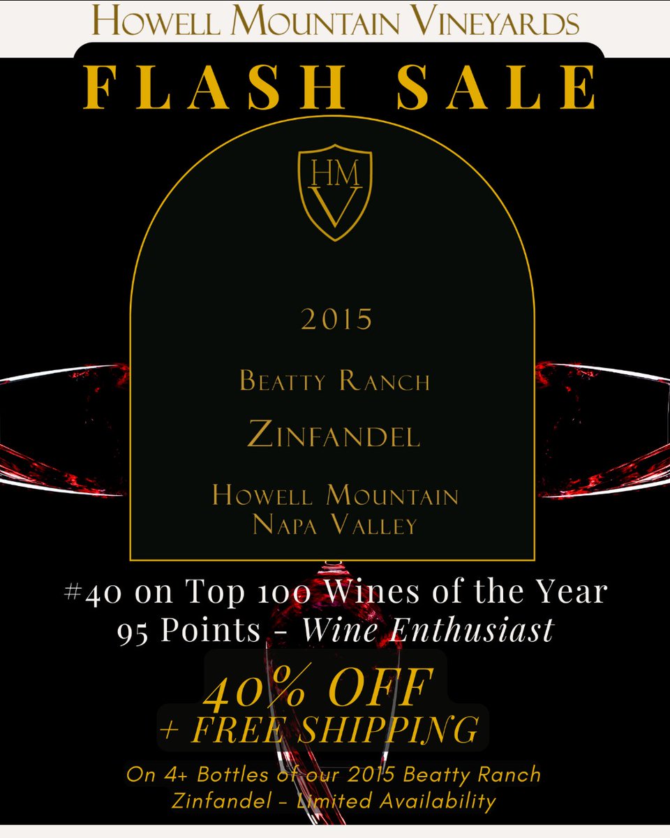 HowellMountainV's tweet photo. LAST DAY for 40% Off + FREE ground shipping on our 2015 Howell Mountain Vineyards Beatty Ranch Zinfandel, awarded 95 points and named #40 on Wine Enthusiast's Top 100 List. Offer ends Sat, Apr 20th. Limited quantities available so order today: https://t.co/6NJ4Z7LBHg https://t.co/YWbPLolfYl
