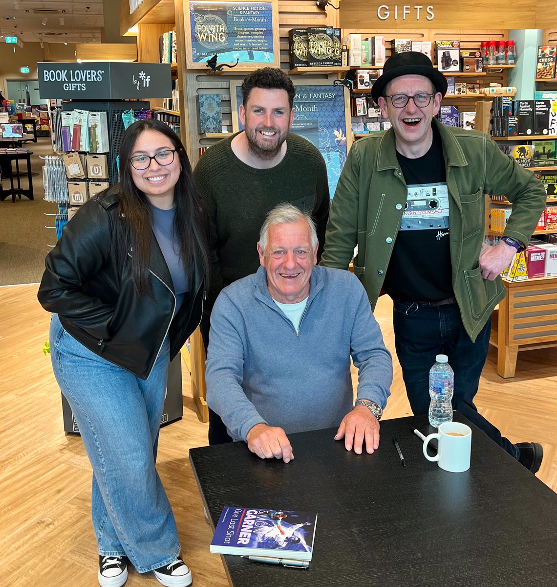 Team Garner! ⚽️ 📕 

With co-author @DanClough87, fixer of tricky things Olivia McCaughran and the man himself @simongarner10 at a signing in @WstonesBburn. 

If you couldn’t make it, you can still buy One Last Shot at  simongarnerbook.co.uk