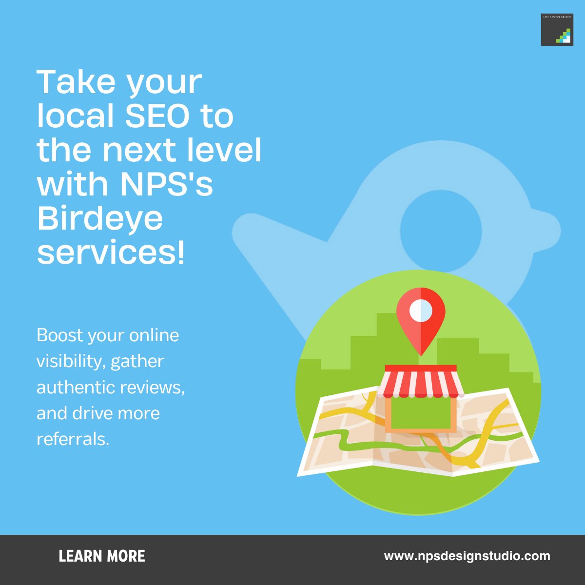 Boost your local SEO with NPS's Birdeye services! Enhance your online presence, garner credible reviews, and drive referrals. Be seen everywhere with map integrations and captivate with custom pages for better conversions. Let NPS show you how! #LocalSEO #Birdeye #NPSDesignStudio