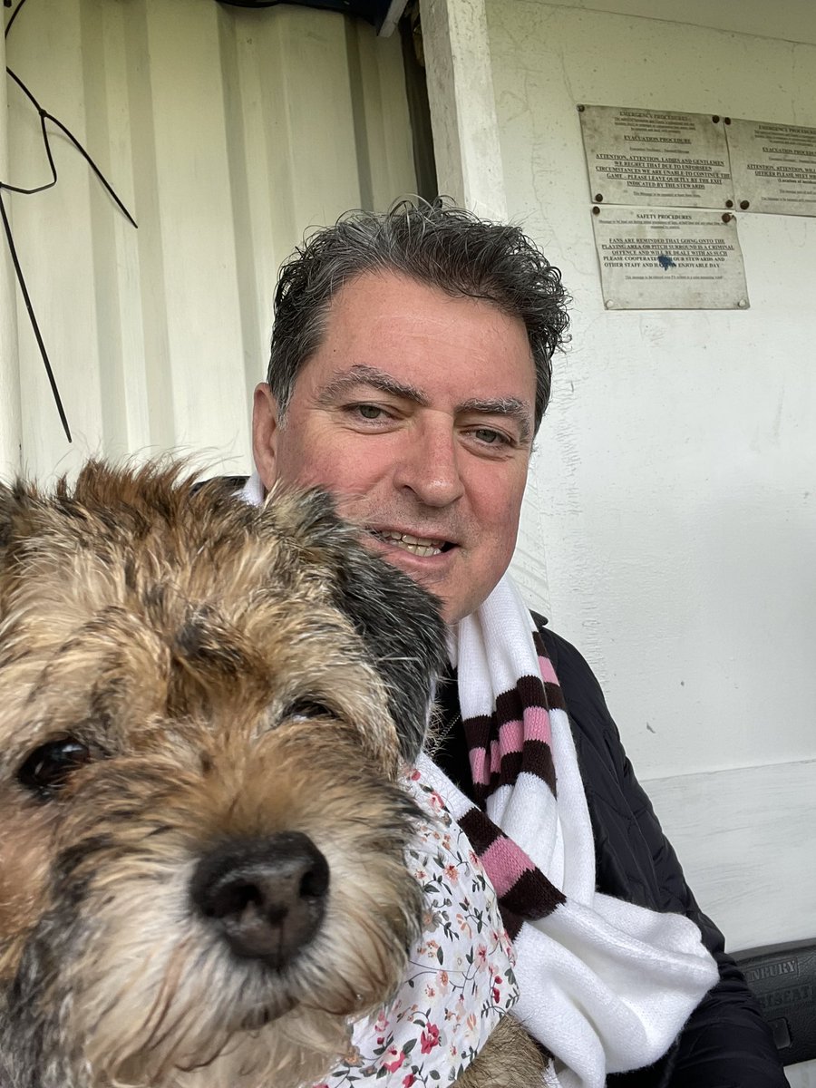 One man and “her” dog. Olive at Corinthian Casuals vs Uxbridge relegation party! Goodbye Isthmian League (South). Next season: Combined Counties Premier League. St George’s Field isn’t Craven Cottage, but it’s football for devotees. Shame on the #FA re #FACup no replays scandal