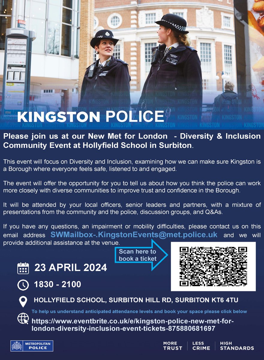 👮 Join the conversation at our New Met For London event on Tuesday 23rd April 1830-2100, at Hollyfield School, Surbiton, KT6 4TU Please book a ticket through eventbrite, if you have any issues booking email SWMailbox-.KingstonEvents@met.police.uk Food will be provided