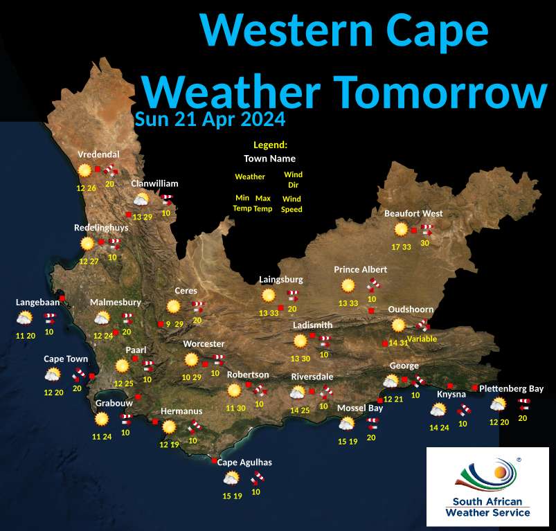 Western Cape Tomorrow 's Weather overview: 21/04/2024