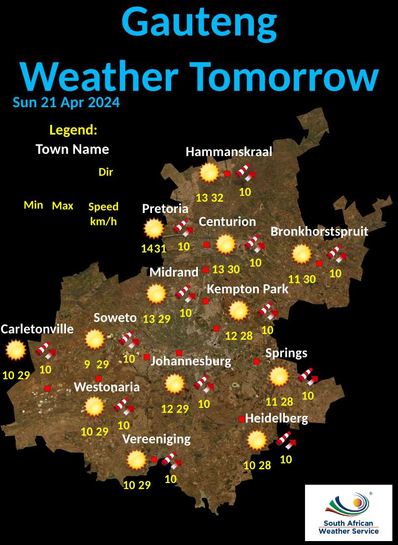 Gauteng Tomorrow 's Weather overview: 21/04/2024