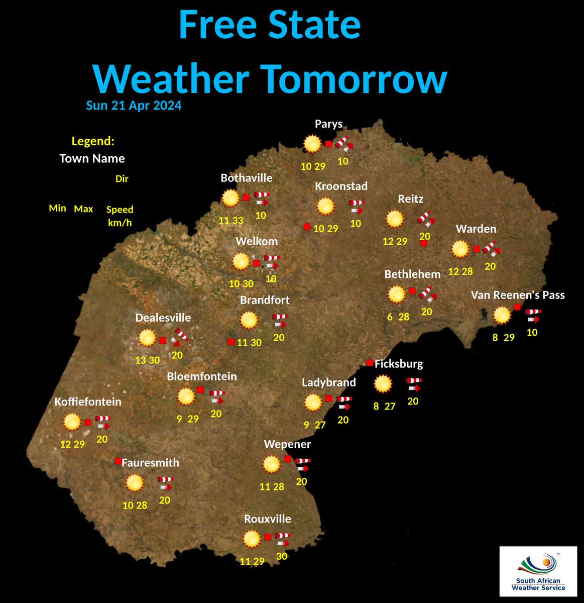 Free State Tomorrow 's Weather overview: 21/04/2024