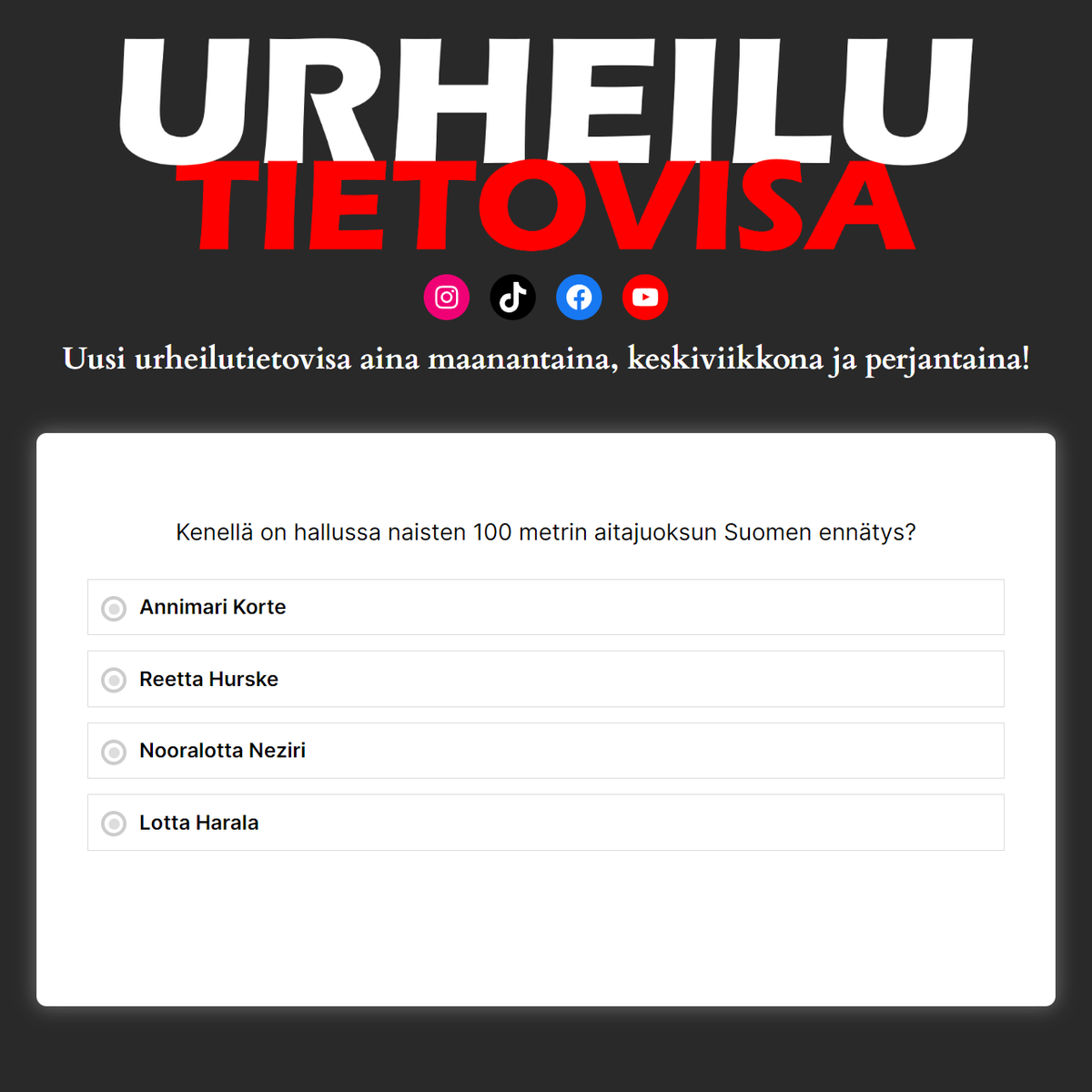 Perjantain urheilutietovisassa etsittiin naisten 100 metrin aitajuoksun Suomen ennätyksen haltijaa.

Tämän ja 7 muuta kysymystä löydät urheilutietovisa.fi

#yleisurheilu #urheilu #tietovisa