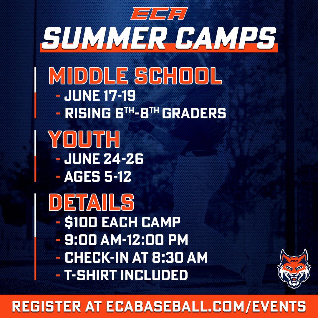 ECA_Bobcats's tweet photo. 𝗦𝗨𝗠𝗠𝗘𝗥 𝗖𝗔𝗠𝗣𝗦

Join us for our camps this summer! Come learn from our staff and have a fun time doing it!

Visit https://t.co/gd5QfaAVBb to register https://t.co/KyY5oFjXvG