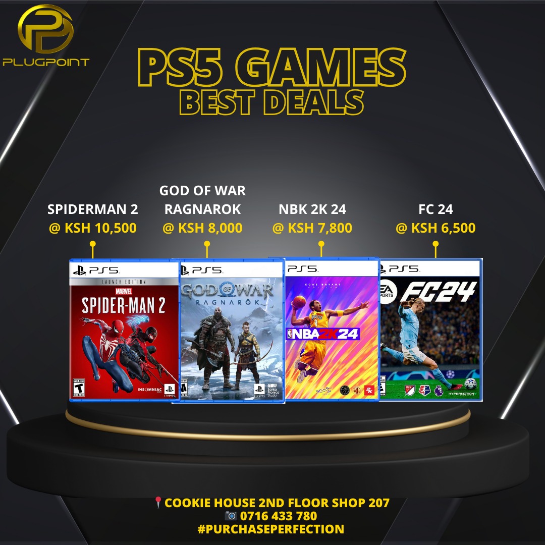 FORM YA WEEKEND IMEJIPA!!
PS5 GAMES BEST DEALS

NBK 2K 24 @ KSH 7,800
FC 24 @ KSH 6,500
GOD OF WAR RAGNAROK @ KSH 8,000
SPIDERMAN 2 @ KSH 10,500 

📍Cookie House 2nd Floor Shop 207
📷 0716 433 780 
#PurchasePerfection
@AmRoggoz @_Mohkay @Dreymwangi