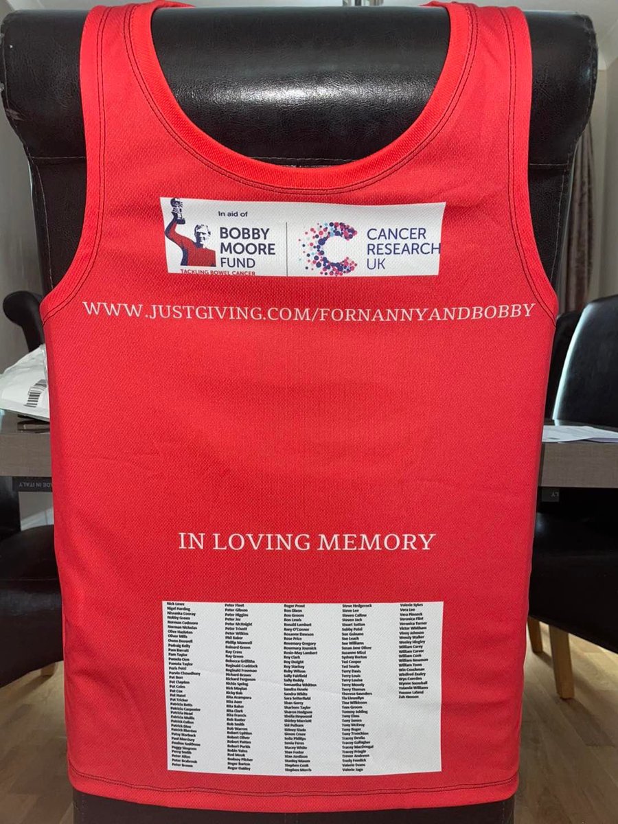 For anyone wanting to track me running The London Marathon tomorrow, here is my number and my running vest. I’m running in memory of 500 cancer victims and their names are on my vest @LondonMarathon @BobbyMooreFund and also for a dear friend @davidgold Thank you for your support