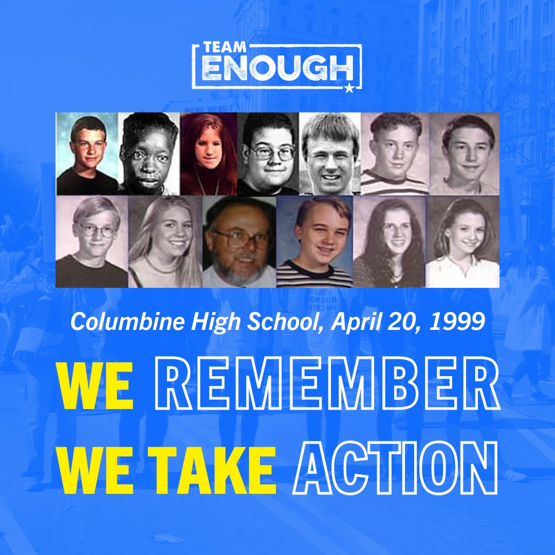We're remembering the 12 students and one teacher senselessly murdered at Columbine High School on April 20, 1999. The massacre marked the start of “Generation Lockdown” — where lockdowns and active shooter drills are the new normal for young people. ENOUGH.