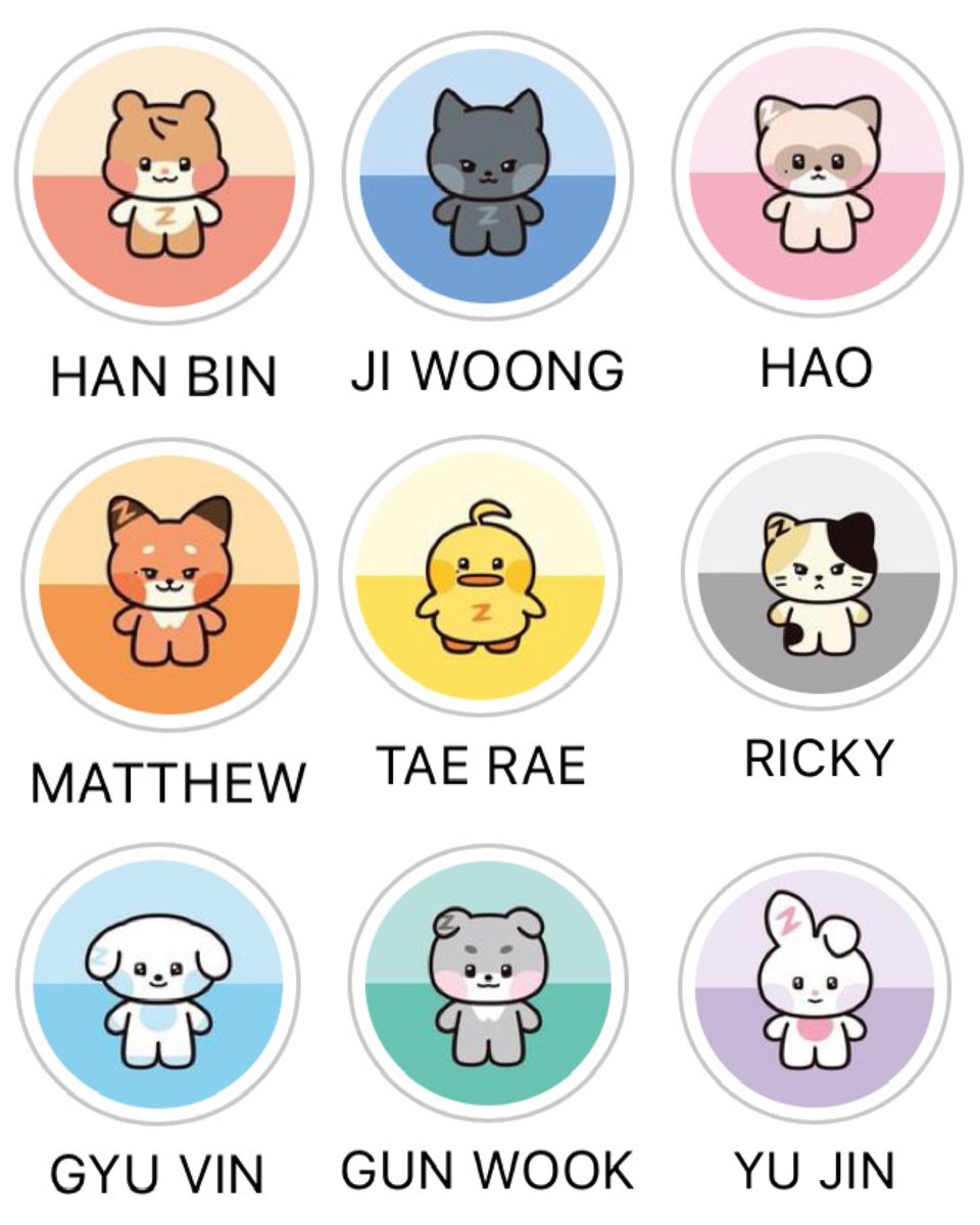 ZB1 got new ig highlight icons & it looks like they have member color now? 👀🎨

🐹 Peach
🦋 Blue
🐼 Pink
🦊 Orange
🐥 Yellow
🐱 Black/White
🦌 Sky Blue
🐻 Tosca Green
🐰 Purple