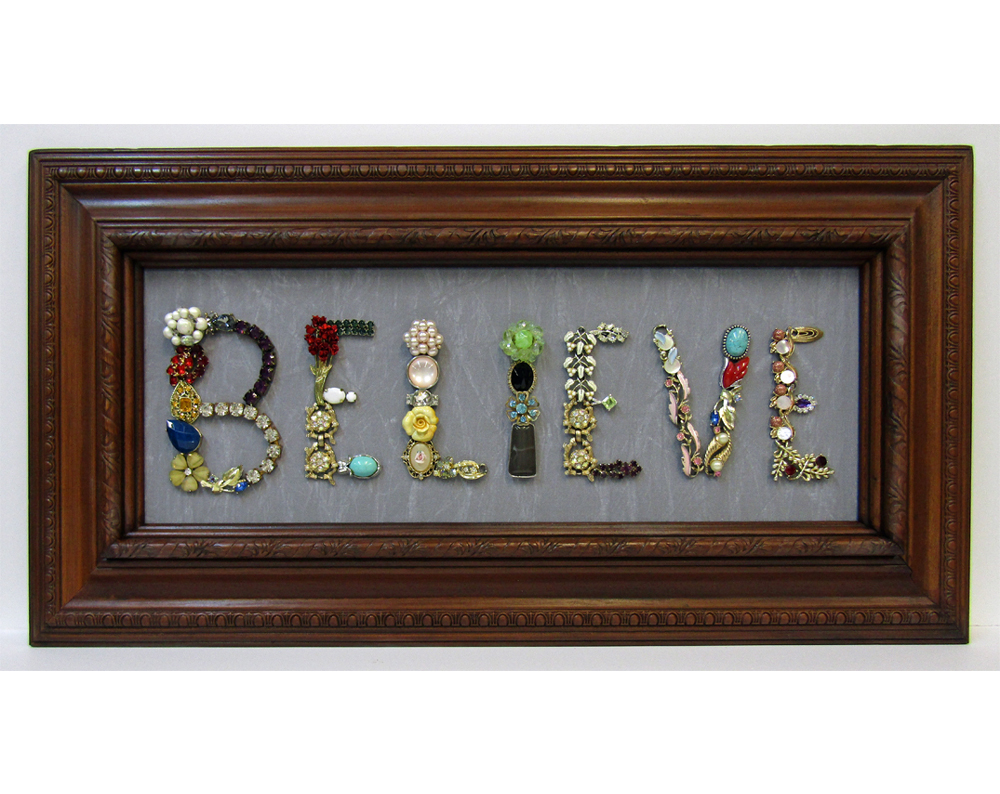 Framed Jewelry Art Sign Believe #Inspirational #Handcrafted #Original #VintageJewelry #MothersDayGift #Unique #FramedJewelryArt #https://bartlettpairart.com/product/framed-jewelry-art-sign-believe/ via @jimmiesart