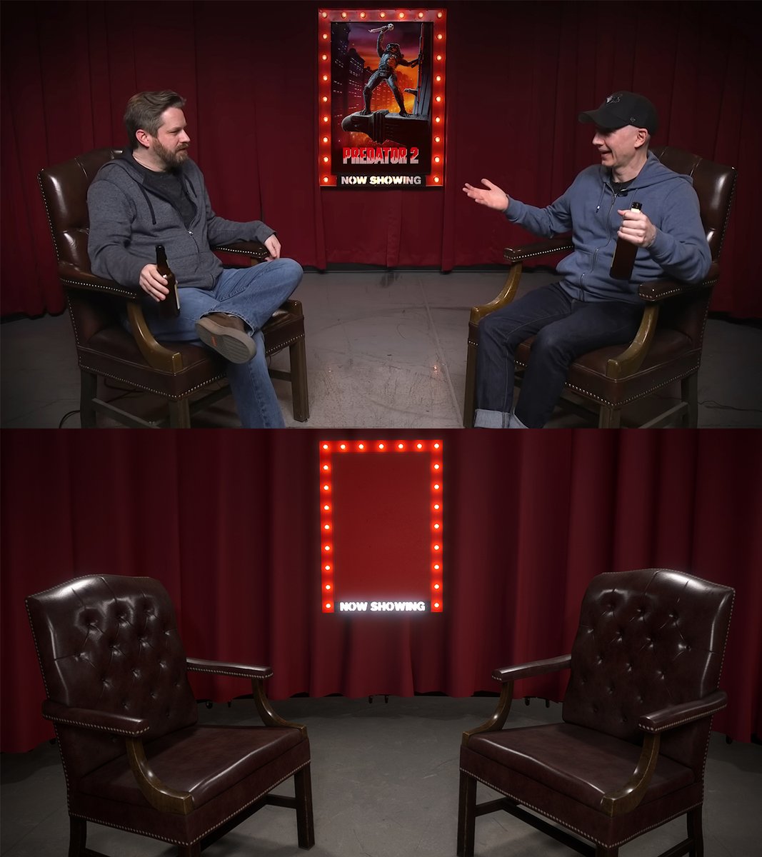 reaction105's tweet photo. finally made the chairs for a proper @redlettermedia re:view set. for the now showing poster display, i'm thinking maybe

 - a scrolling set of posters from each episode, or 
 - setting the poster based on what the player is holding? https://t.co/cPodkurQis